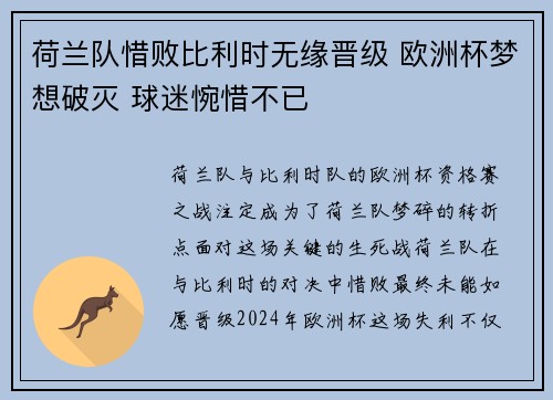 荷兰队惜败比利时无缘晋级 欧洲杯梦想破灭 球迷惋惜不已