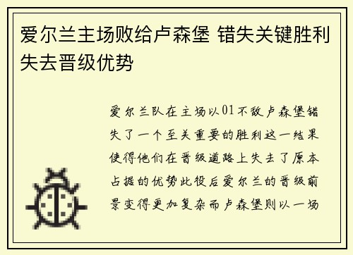 爱尔兰主场败给卢森堡 错失关键胜利失去晋级优势