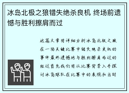 冰岛北极之狼错失绝杀良机 终场前遗憾与胜利擦肩而过