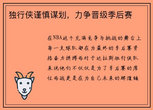 独行侠谨慎谋划，力争晋级季后赛