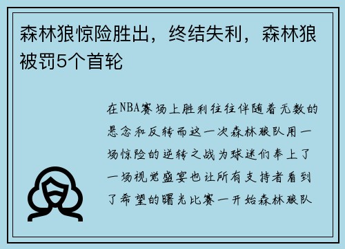森林狼惊险胜出，终结失利，森林狼被罚5个首轮