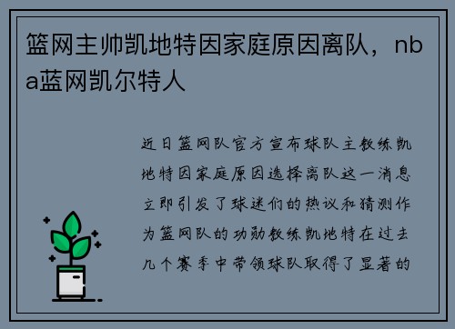 篮网主帅凯地特因家庭原因离队，nba蓝网凯尔特人